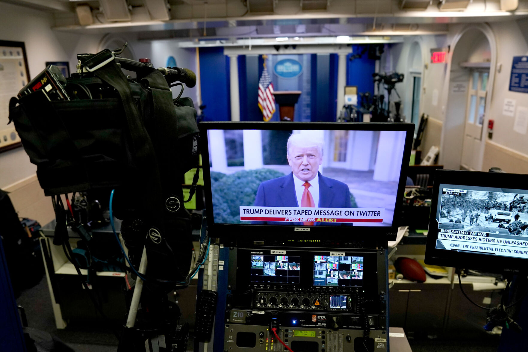 In a pre-recorded video message, President Donald Trump delivers a statement